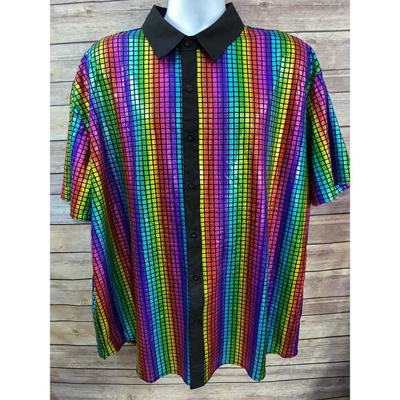 Men's Metalic Disco Rainbow Short Sleeve Button Shirt 2XL  27x30 - Picture 1 of 8